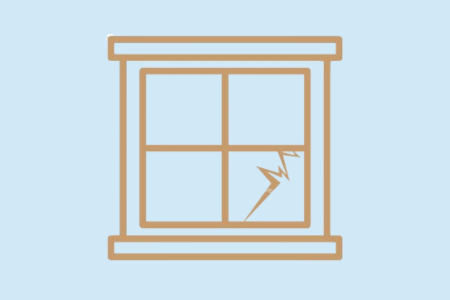 Glasaustausch an Fenstern oder Türen. Ein Fenster mit einem Riss im Glas auf einem hellblauen Hintergrund.